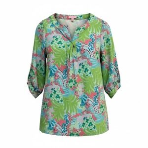 Lilly Pulitzer size 4 women 3/4 Sleeve Tunic Top Fish Scale Print V-Neck